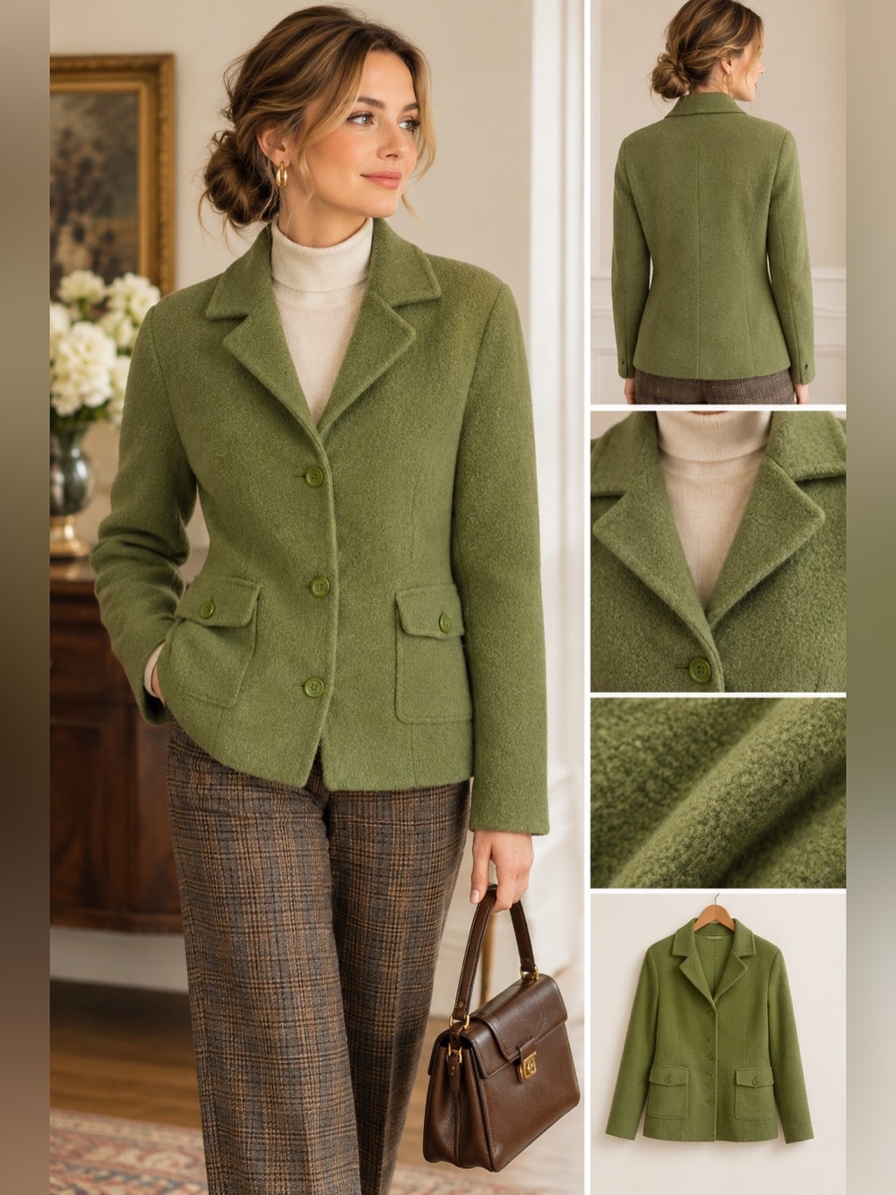 Vintage Y2K Green 100% Wool Coat/Sweater Jacket Minimalist Grandmacore Office